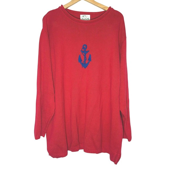 The Quacker Factory Sweaters - Quacker Factory Red Anchor Knit Sweater‎ Oversized Vintage 90s Nautical Red 2X